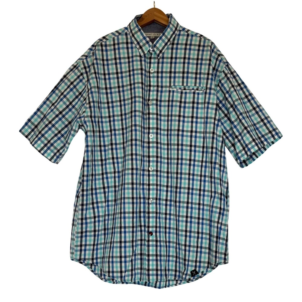 Marc Ecko Mens 2XLT Plaid Button Down‎ Shirt Short Sleeve Blue Teal Cotton Y2K